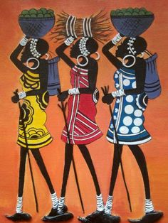 three african women with baskets on their heads are standing in front of an orange background