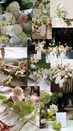 a collage of photos with flowers and greenery