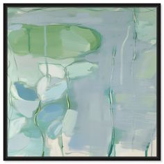 an abstract painting with water lilies and green leaves on the bottom half of it