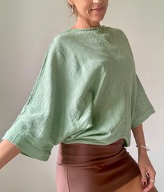 Natural cotton summer top in soft mint color  Very loose fit with wide kimono sleeve MEAESURE Size S/M MATERIAL * cotton  NOTE This blouse is oversized, with the very small neckline  Thank You for looking Mint Blouse, Kimono Sleeve Top, Summer Cotton Tops, Kimono Blouse, Modest Summer, Soft Mint, Oversized Blouse, Mint Color, Kimono Sleeve