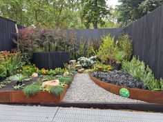 a garden filled with lots of different types of flowers and plants next to a black fence