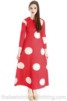 Vtg 1970s Kaisu Heikkilä Maxi Dress Vuokko Designer Fabric Red Polka Dot Maxi Dresses Club, Fabric Red, Applied Arts, Line Skirt, Red Polka Dot, Designer Fabric, High Class, Jelly Beans, Vintage Pins