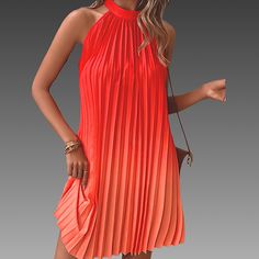 *Nwt* Sm Orange Ombr Sleeveless Dress Summer Pleated Mini Sleeveless Dress, Chic Orange Halter Neck Sleeveless Dress, Pleated Mini Sleeveless Dress For Summer, Sleeveless Pleated Midi Dress For Vacation, Orange Sleeveless Midi Dress For Day Out, Chic Orange Sleeveless Sundress, Spring Sleeveless Pleated Mini Dress, Sleeveless Pleated Mini Dress For Spring, Sleeveless Pleated Sundress For Day Out