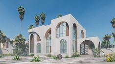 an artist's rendering of a modern house with palm trees in the front yard