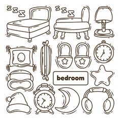 a bed room with furniture and accessories drawn in black on a white background stock illustration