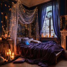 a bedroom decorated in purple and gold with candles on the bed, windows, and curtains