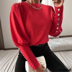 Olivia Mark - Relaxed Casual Button-Up Sleeve Solid Color Round Neck Shirt Stand Collar Blouse, Lantern Sleeved Blouses, Round Neck Shirt, Chic Type, Ținută Casual, Blouse Material, Trend Fashion, Red Top, Long Sleeve Lace