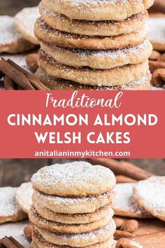 cinnamon almond cake with powdered sugar on top and cinnamon sticks in the foreground