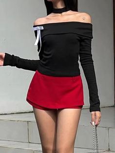 ⚡Buy 2023 Contrast Bow Decor Off Shoulder Long Sleeve Tee Red M under $16.00 in Tops&Tees at AnotherChill.com Online. Style: Casual/Street/Vintage/Sweet/Y2K/Sexy. Fabric Content: Polyester. Fit Type: Slim Fit. Neckline: Off the Shoulder. Sleeve Length: Long Sleeve. Stylish Design: The off shoulder design of this long sleeve tee adds a sexy and chic touch, perfect for those looking to make a fashion statement.. Sweet Bow Detail: The contrast bow decor at the front adds a sweet and girlish charm t Red Stretch T-shirt For Fall, Trendy Stretch Red Tops, Trendy Red Stretch Tops, Stretch Red Tops For Spring, Red Stretch Tops For Spring, Stretch Red Top For Spring, Chic Red Cotton Tops, Red Off Shoulder Top, Off The Shoulder Top Outfit