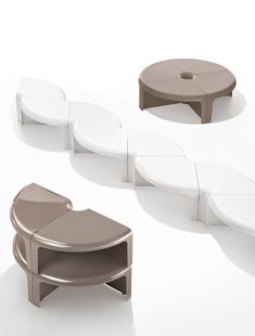 three different types of tables and stools on a white surface with shadows coming from them