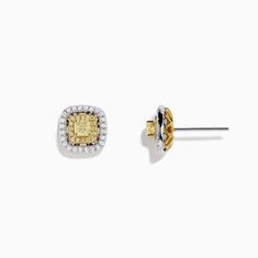 Effy Canare 18K Two Tone Gold Yellow and White Diamond Earrings, 0.76 TCW White Diamond Earrings, Double Halo, White Stone, Yellow Diamond, Diamond Earrings Studs, White Diamond, Two Tone, Gold Metal, Halo