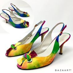 Stuart Weitzman Bold Watercolor Fabric Slingback Heels With Peep Toe. Gold Tone Hardware With Knotted Bow Detail. Excellent Condition, Worn Once Or Twice. Leather Sole. Made In Spain. Heel Is 3.5” Size 9m Bundle And Save With Other Items From My Closet!! Reasonable Offers Considered. Bold Watercolor, Rainbow Watercolor, Watercolor Fabric, Slingback Heels, Colorful Watercolor, Slingback Heel, Heels Pumps, Peep Toe Heels, Bow Detail