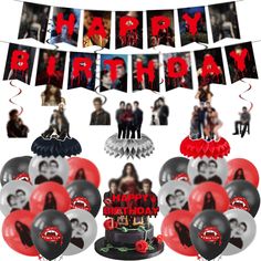 a birthday party with red and black balloons, photo collages, and photos