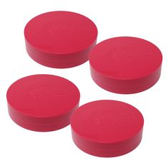 three red plastic discs on a white background