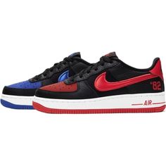 Rare Nike Color: Red/ Black And Blue/ Black Material: Leather And Cloth Size: 7y Need To Be Cleaned Shoes Nike Air Force, Blue Air, Rare Nikes, Nike Air Force 1 Low, Air Force 1 Low, Kids Nike, Nike Air Force 1, Air Force 1, Nike Air Force