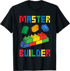 a black t - shirt with the words master builder in lego blocks on it's chest