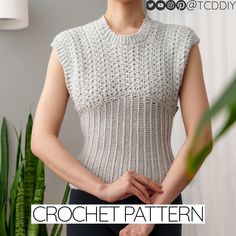 a woman wearing a white knitted top with the words crochet pattern on it