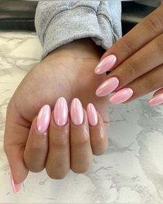 Light Pink Nail Inspiration, Cute Nails With Chrome, Pink Nail Inspo Acrylic Almond, Baby Pink Almond Nails With Design, Light Pink Peach Nails, Hot Pink French Nails Almond, Light Pink Nails For Prom, Light Pink Crome Nails Ideas, Pink Dress Nail Ideas