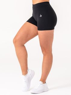 Model is 173cm tall. She usually wears a size S and is wearing a size S. Her waist measures 73cm and her hips measure 102cm  Made from our signature NKD fabric  Foldover waistband that sits high at front and forms a low V-shape at back  Unique contoured back waistband shaping to enhance your curves  Scrunch bum No front seam  Regular length short  Inner leg seam: 10.5cm   Main: 81% Nylon/19% Elastane  Recommended for training. Compression Squat Proof Training Bottoms, Compression Running Shorts With Contoured Waistband, Training Shorts With Contoured Waistband Short Leg, Training Shorts With Contoured Waistband, Fitted Squat Proof Shorts, Black Training Bottoms Short Length, Sporty Hip-length Gym Shorts, Black Fitted Sportswear Shorts, Stretch Sportswear Boxer Briefs With Built-in Shorts