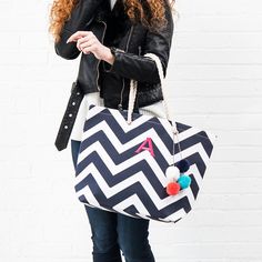 Personalized Extra-Large Cabana Canvas Fabric Tote Bag - Navy Chevron Extra Large Tote Bags, Personalized Canvas Tote, Fabric Tote Bag, Canvas Beach Bag, Embroidered Initials, Embroidered Tote Bag, Embroidered Tote, Fabric Tote Bags, Travel Tote Bag