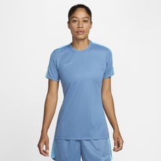 Heading to early morning practice or warming up before the match, this breathable short-sleeve top is designed with tech to help keep you comfortable and dry as you work up a sweat. With mesh panels down the sides and on the outer sleeves, you can stay cool however you choose to play. Blue Short Sleeve Training T-shirt, Breathable Dri-fit Short Sleeve Jersey, Nike Functional T-shirt For Sports Events, Dri-fit Short Sleeve Sportswear Jersey, Blue Technical Sports T-shirt, Blue Breathable T-shirt For Training, Dri-fit Short Sleeve Tops For Sports Season, Short Sleeve Dri-fit Tops For Sports, Blue Short Sleeve Jersey For Sports