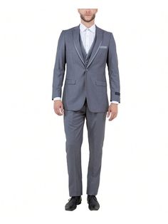 Exude sophistication with this sharp three-piece tuxedo.

The centerpiece is a mid grey peak lapel with satin trim jacket, featuring a timeless design with a touch of modern flair.

The single-breasted silhouette is accentuated by a sleek one-button closure, creating a clean and polished look.

Slit satin trims along the lapels and pockets add a touch of luxury and refinement.

To complement the jacket, the tuxedo features a pair of matching slim-fit pants and vest.

These trousers boast a clean Slim Fit Tuxedo, Trim Jacket, Tuxedo For Men, Peak Lapel, Work Party, Suit Separates, Slim Fit Pants, Casual Work, Fit Pants