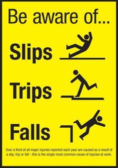 a yellow sign that says be aware of slips trips falls