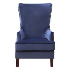 an upholstered blue chair with studding on the arms and back, against a white background