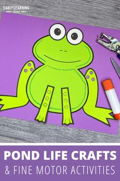 a green frog sitting on top of a piece of paper next to scissors and markers