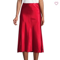 No- Waistband Style. Side Zip With Hook Closure. Polyester/ Spandex Red Satin Summer Bottoms, Red Satin Bottoms For Summer, Red Satin Party Bottoms, Elegant Red Satin Bottoms, Red Satin Bottoms, Red Satin Skirt For Summer, Red Flowy Skirt For Night Out, Navy Midi Skirt, 70s Skirt