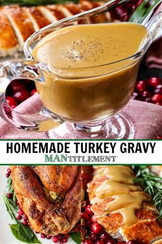 homemade turkey gravy is served on a plate with cranberries