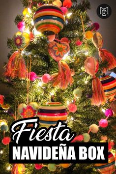 a colorful christmas tree with lights and ornaments on it's branches in front of the words fiesta naviddena box