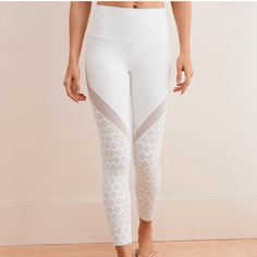 All White Leggings That Are New Without Tags! They Have A Laser Cut Flower Design, And A Mesh Area. They Are High Waisted And Super Cute! Laser Cut Flower, Flower Leggings, Mesh Leggings, White Leggings, All White, White Cream, Cream White, Colorful Leggings, Flower Design