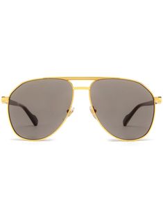 gold tone/ black metal/ acetate pilot frame brown tinted lenses logo-engraved gold-tone hardware straight arms curved tips These glasses come with a protective case. Luxury Gucci Aviator Sunglasses With Uv Protection, Gucci Luxury Aviator Sunglasses With Uv Protection, Gold Gucci Glasses, Lens Logo, Gucci Eyewear, Pilot Sunglasses, Chanel 2, Demi Fine Jewelry, Gucci Sunglasses