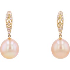 A symphony of elegance and grace, these 18K yellow gold earrings are a testament to timeless beauty and sophisticated design. The warm luster of golden pearls, each perfectly round and captivating, dangles gracefully from a delicate diamond-studded setting. Each pearl, with its radiant glow, seems to capture the essence of sunlight, making these earrings an exquisite choice for both day and evening wear. The total diamond weight of 0.22 carats adds just the right touch of sparkle, enhancing the Luxury 22k Gold Traditional Pearl Earrings, Luxury Yellow Gold Pearl Earrings With Brilliant Cut, Luxury Yellow Gold Victorian Pearl Earrings, Yellow Gold Drop Earrings, Jewelry Appraisal, Yellow Gold Earrings, Ring Pendant Necklace, Womens Wedding Bands, Jewelry Repair