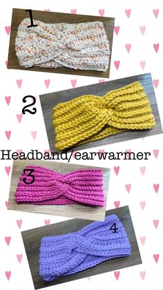 four crocheted headbands with hearts on them and the text, how to knit