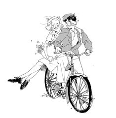 a man riding on the back of a bike next to a woman