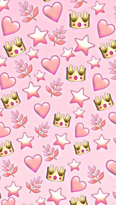 a pink background with hearts, stars and crowns on it's sides is shown