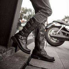 Asian fit sizes, please ensure you check our sizing guide before making a purchase. Biker Forward is proud to present our new riding collection of Motorcycle Boots for Men and Women. Punk Motorcycle Cruiser Boots is built to be powerful, resilient, and rugged, which provides you with the protection and comfort you desire, wrapped up in a leading man package. Features: Solid color design, chic and trendy Made of premium PU leather High-density rubber heavy lugged sole Water-resistant Slip-resista Punk Motorcycle, Motorcycle Cruiser, Latest Fashion Shoes, Military Combat Boots, Leather Motorcycle Boots, Army Boots, High Top Boots, Military Boots, Estilo Punk