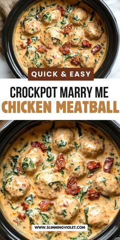 crockpot mary me chicken meatball soup with tomatoes and spinach in it