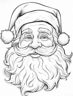 a black and white drawing of santa claus wearing a hat with pom poms