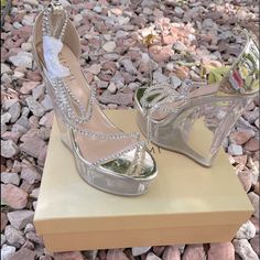 Brand New With Box . Simmi Shoes Size Us 7 Silver Wedge Heels With 4-inch Heel, Steve Madden Wedge Sandals, Clear Wedges, Simmi Shoes, Low Wedge Sandals, Michael Kors Wedges, Studded Shoes, Blue Wedges, Tan Wedges