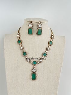 Mint Victorian uncut polki CZ stone diamond Necklace,Sabyasachi Necklace, Statement Necklace, Semi Precious Necklace, Designer necklace Victorian finish Necklace Necklace Length 18 inches  Earrings Length = 1.75 Inch Regular size and adjustable with chain closure  Ships from California in 1 business day and delivery within 2-5 business days in the USA.  Color, shades, and texture displayed may vary slightly from the actual product due to digital image limitations. We request you to consider these minor variations. Please expect the possibility of some slight imperfections when buying handmade jewelry.  Please let me know if you have any questions. Arrives in a gift box. Thank you so much for visiting my shop. Bollywood Kundan Necklace With Stone Setting, Bollywood Style Kundan Necklace With Stone Setting, Kundan Stones Temple Jewelry Necklace, Kundan Necklace With Stones For Festivals, Sabyasachi Necklace, Semi Precious Necklace, Designer Necklace, Necklace Necklace, Necklace Statement