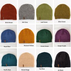 knitted beanies in different colors and sizes are shown with the names below them