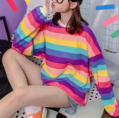 Free Shipping~|| Rainbow Stripe Color Block Sweatshirt Rainbow Sweatshirt, Rainbow Striped Top, Muted Rainbow, Rainbow Outfit, Stripe Outfits, Color Block Sweatshirt, Purple Light, Pretty Clothes, Rainbow Stripes