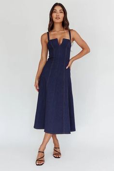 Shop the Catch My Drift A-Line Midi Dress Dark Blue | Selfie Leslie Fitted Backless Denim Dress, Blue Denim Backless Dress, Fitted Backless Denim Dress For Spring, Fitted Blue Backless Denim Dress, Fitted Backless Blue Denim Dress, Fitted Blue Denim Backless Dress, Spring Denim Midi Dress For Date Night, Chic Fitted Midi-length Denim Dress, Chic Fitted Denim Midi Dress