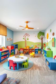 a child's playroom with colorful furniture and decor