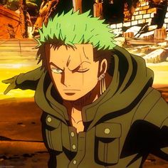 an anime character with green hair wearing a hoodie