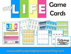 the game cards are all in different colors and shapes, with text that says life