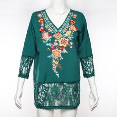 Women's Blouse Top Embroidery Floral V-Neck Lace Patchwork Ladies Blouse Spring V-neck Blouse With Lace Patchwork, Summer Floral Embroidered Long Sleeve Lace Top, Bohemian V-neck Blouse With Embroidered Hem, Summer Long Sleeve Lace Top With Floral Embroidery, Summer V-neck Top With Geometric Embroidery, Multicolor Floral Embroidered V-neck Top, Bohemian V-neck Blouse With Multicolor Embroidery, Bohemian V-neck Tops With Lace Patchwork, Green Embroidered V-neck Blouse